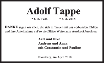 Anzeige  Adolf Tappe  Lippische Landes-Zeitung