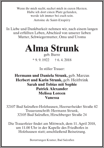 Anzeige  Alma Strunk  Lippische Landes-Zeitung