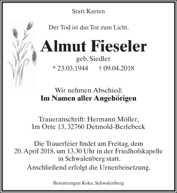 Anzeige  Almut Fieseler  Lippische Landes-Zeitung