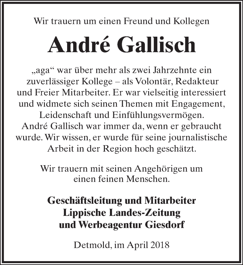  Traueranzeige für André Gallisch vom 28.04.2018 aus Lippische Landes-Zeitung