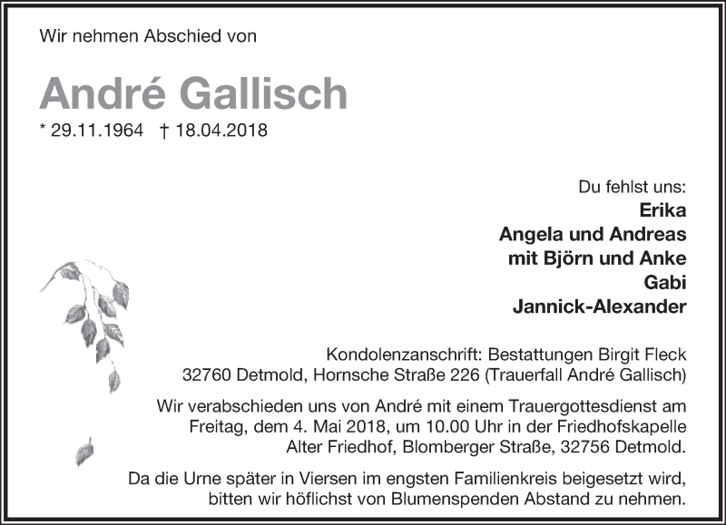  Traueranzeige für André Gallisch vom 28.04.2018 aus Lippische Landes-Zeitung