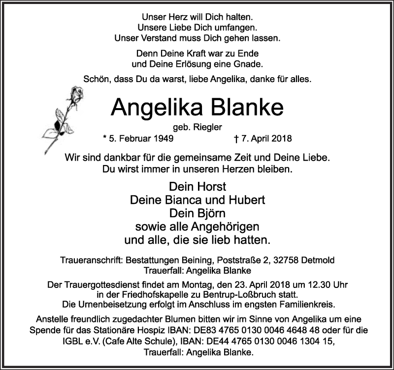  Traueranzeige für Angelika Blanke vom 14.04.2018 aus Lippische Landes-Zeitung