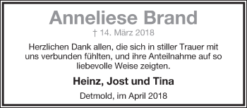 Anzeige  Anneliese Brand  Lippische Landes-Zeitung