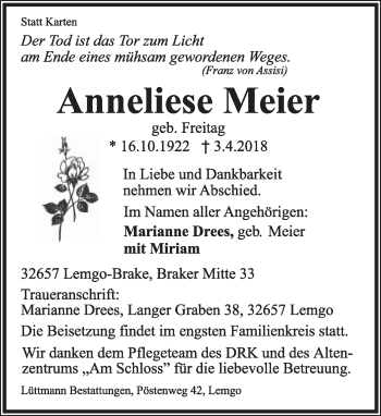 Anzeige  Anneliese Meier  Lippische Landes-Zeitung