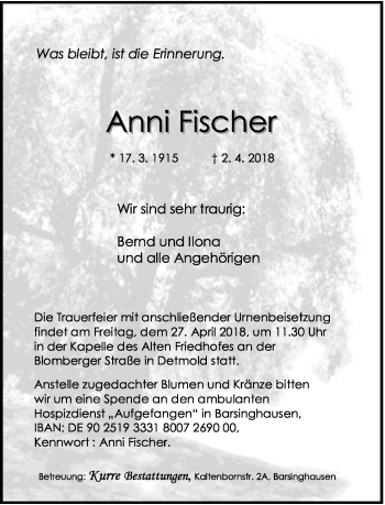 Anzeige  Anni Fischer  Lippische Landes-Zeitung
