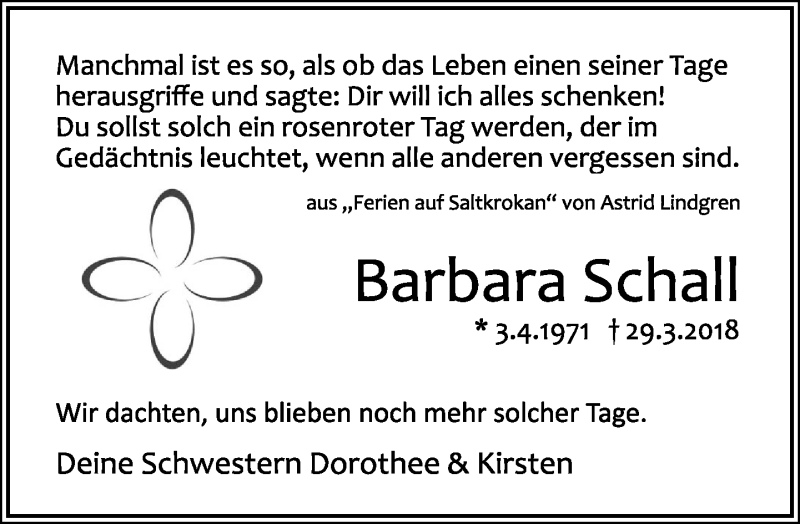  Traueranzeige für Barbara Schall vom 07.04.2018 aus Lippische Landes-Zeitung