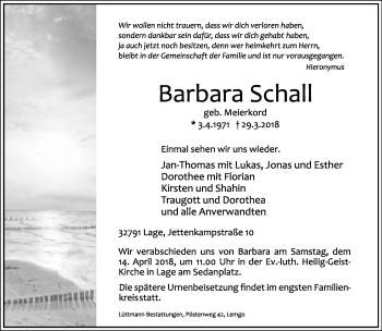 Anzeige  Barbara Schall  Lippische Landes-Zeitung
