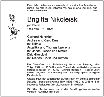 Anzeige  Brigitta Nikoleiski  Lippische Landes-Zeitung