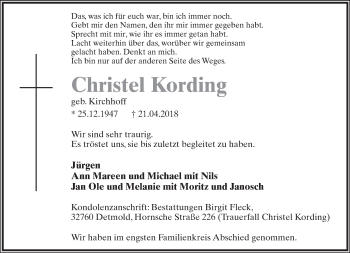 Anzeige  Christel Kording  Lippische Landes-Zeitung
