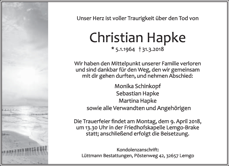 Traueranzeige für Christian Hapke vom 04.04.2018 aus Lippische Landes-Zeitung