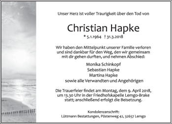Anzeige  Christian Hapke  Lippische Landes-Zeitung