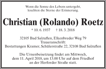 Anzeige  Christian Roetz  Lippische Landes-Zeitung