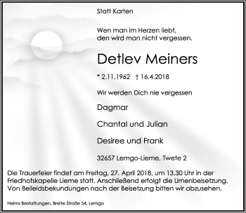 Anzeige  Detlev Meiners  Lippische Landes-Zeitung