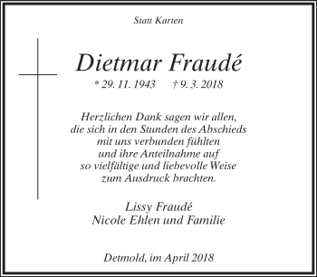 Anzeige  Dietmar Fraudé  Lippische Landes-Zeitung