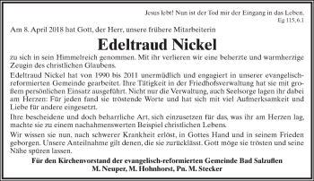 Anzeige  Edeltraud Nickel  Lippische Landes-Zeitung