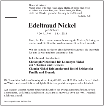Anzeige  Edeltraud Nickel  Lippische Landes-Zeitung