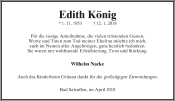 Anzeige  Edith König  Lippische Landes-Zeitung