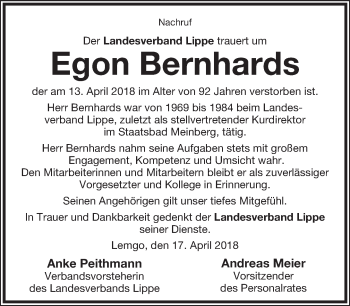 Anzeige  Egon Bernhards  Lippische Landes-Zeitung