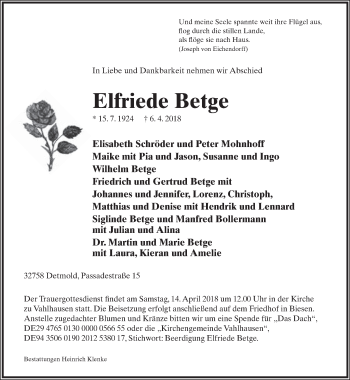 Anzeige  Elfriede Betge  Lippische Landes-Zeitung
