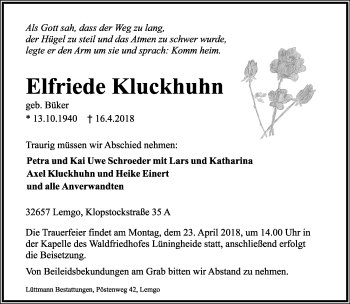 Anzeige  Elfriede Kluckhuhn  Lippische Landes-Zeitung