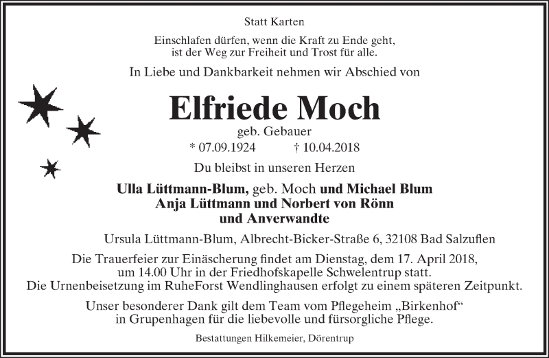  Traueranzeige für Elfriede Moch vom 16.04.2018 aus Lippische Landes-Zeitung