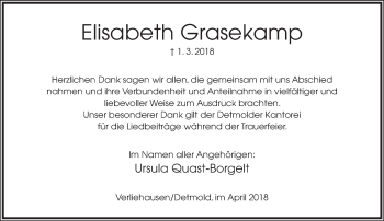 Anzeige  Elisabeth Grasekamp  Lippische Landes-Zeitung