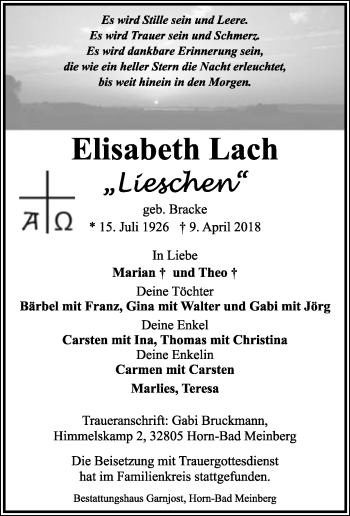 Anzeige  Elisabeth Lach  Lippische Landes-Zeitung