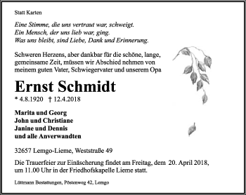Anzeige  Ernst Schmidt  Lippische Landes-Zeitung