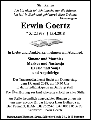 Anzeige  Erwin Goertz  Lippische Landes-Zeitung