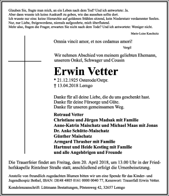 Anzeige  Erwin Vetter  Lippische Landes-Zeitung