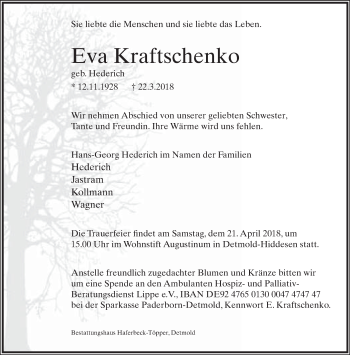 Anzeige  Eva Kraftschenko  Lippische Landes-Zeitung