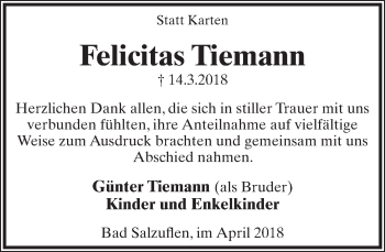 Anzeige  Felicitas Tiemann  Lippische Landes-Zeitung