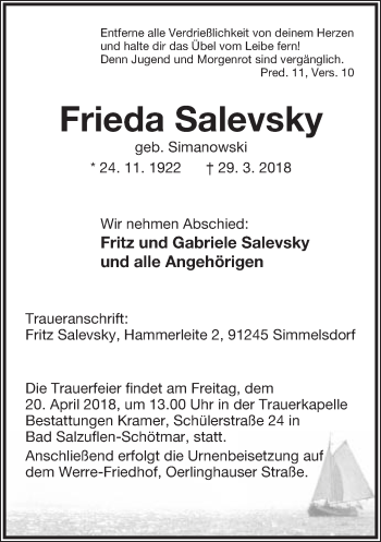 Anzeige  Frieda Salevsky  Lippische Landes-Zeitung