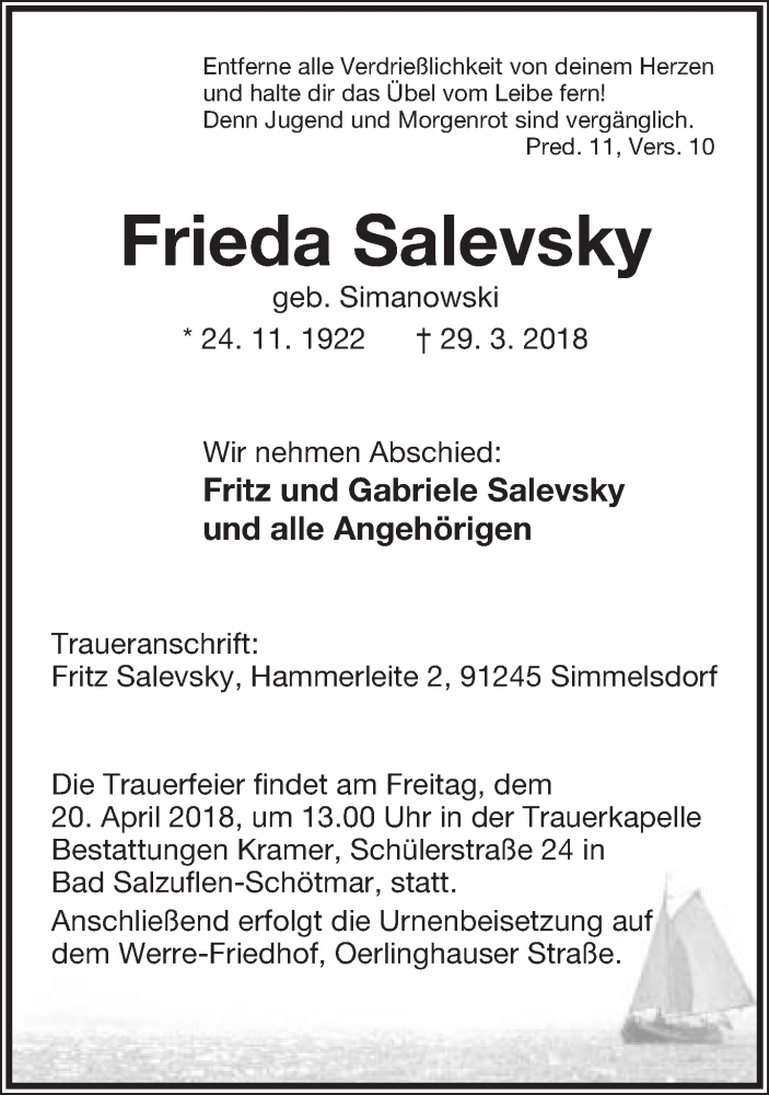  Traueranzeige für Frieda Salevsky vom 14.04.2018 aus Lippische Landes-Zeitung
