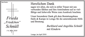 Anzeige  Frieda Schnüll  Lippische Landes-Zeitung