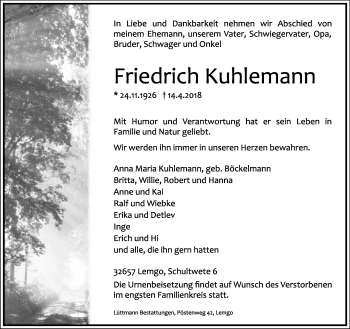 Anzeige  Friedrich Kuhlemann  Lippische Landes-Zeitung