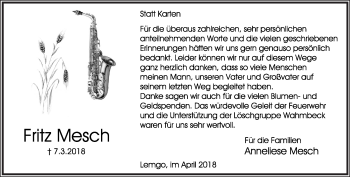 Anzeige  Fritz Mesch  Lippische Landes-Zeitung