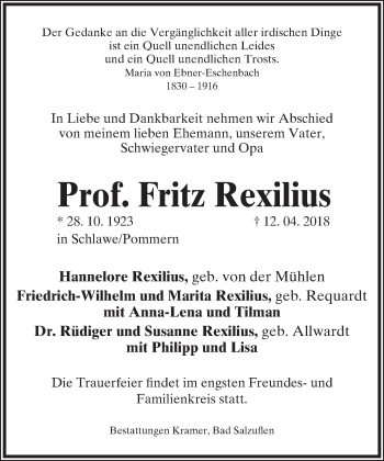 Anzeige  Fritz Rexilius  Lippische Landes-Zeitung