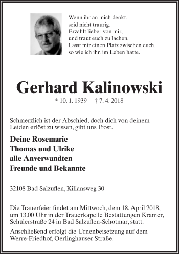Anzeige  Gerhard Kalinowski  Lippische Landes-Zeitung