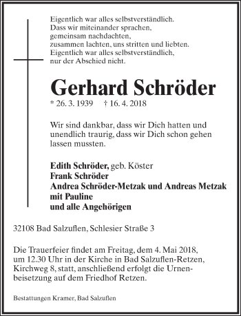 Anzeige  Gerhard Schröder  Lippische Landes-Zeitung