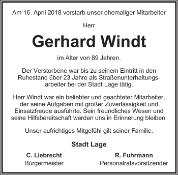 Anzeige  Gerhard Windt  Lippische Landes-Zeitung