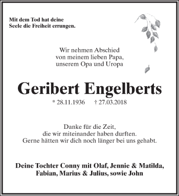 Anzeige  Geribert Engelberts  Lippische Landes-Zeitung