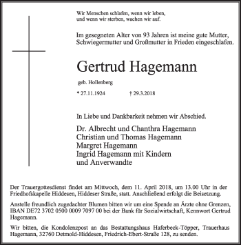 Anzeige  Gertrud Hagemann  Lippische Landes-Zeitung
