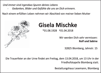 Anzeige  Gisela Mischke  Lippische Landes-Zeitung