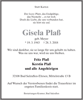 Anzeige  Gisela Plaß  Lippische Landes-Zeitung