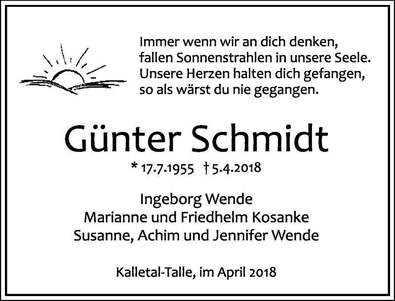  Traueranzeige für Günter Schmidt vom 07.04.2018 aus Lippische Landes-Zeitung