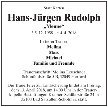Anzeige  Hans-Jürgen Rudolph  Lippische Landes-Zeitung