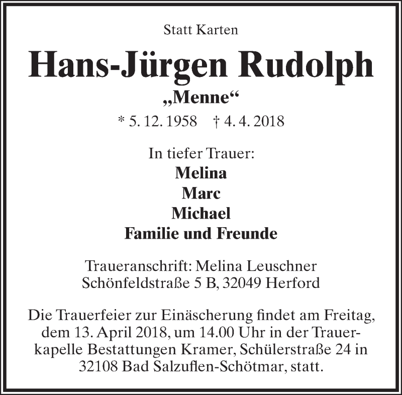  Traueranzeige für Hans-Jürgen Rudolph vom 07.04.2018 aus Lippische Landes-Zeitung