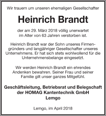 Anzeige  Heinrich Brandt  Lippische Landes-Zeitung