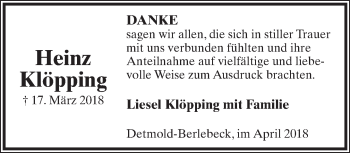 Anzeige  Heinz Klöpping  Lippische Landes-Zeitung